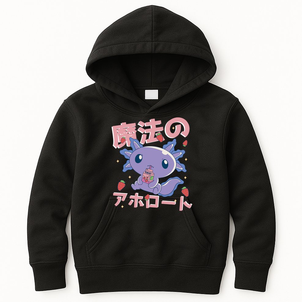 Kawaii Axolotl Strawberry Milk Shake Japanese Anime Kids Hoodie