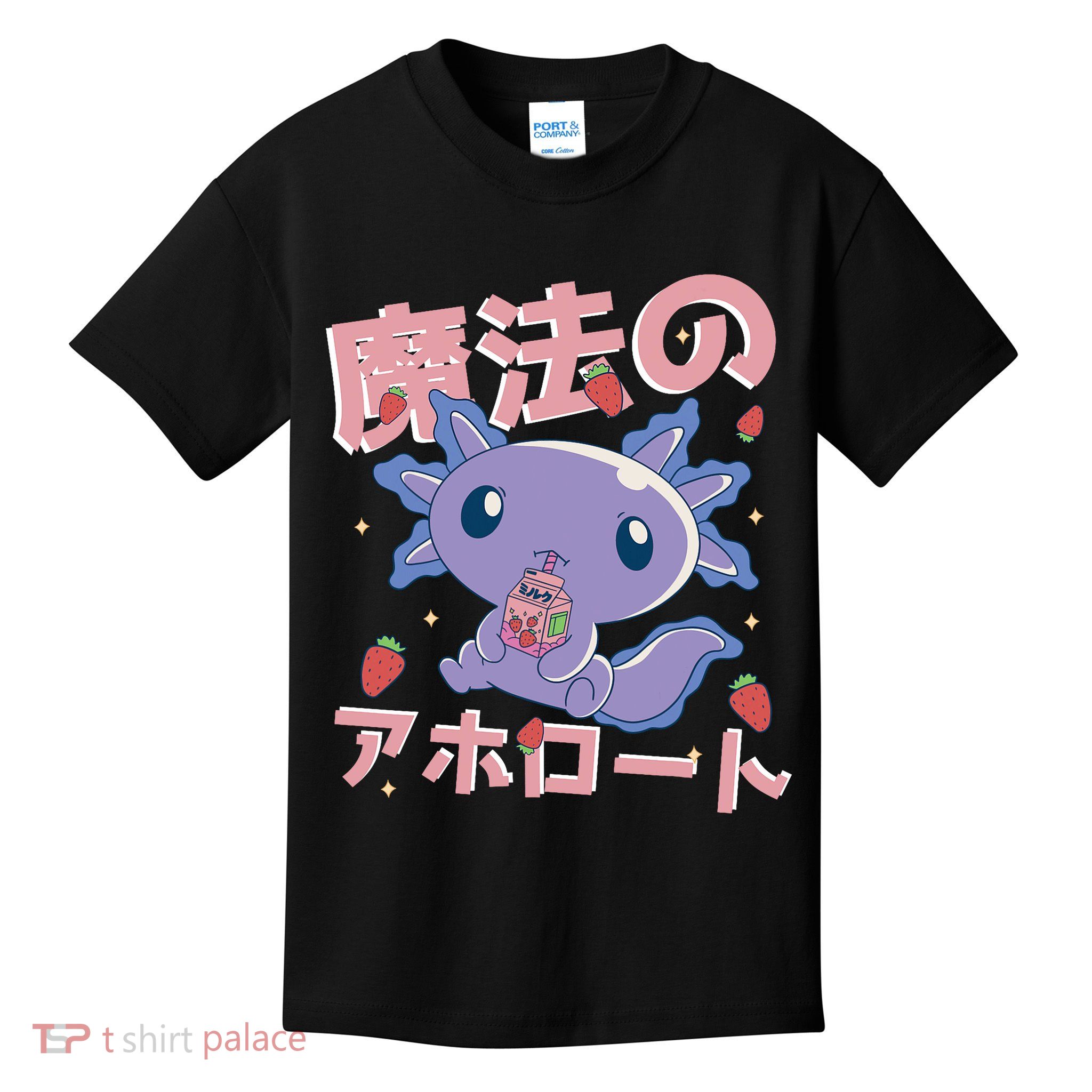Kawaii Axolotl Strawberry Milk Shake Japanese Anime Kids T-Shirt