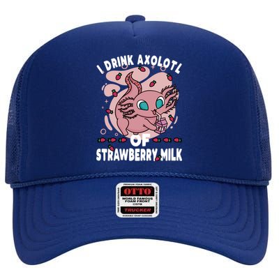 Kawaii Axolotl Strawberry Milk Shake Carton Gift High Crown Mesh Back Trucker Hat