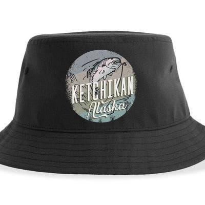 Ketchikan Alaska Souvenir Fishing Gift Vintage Style Salmon Sustainable Bucket Hat