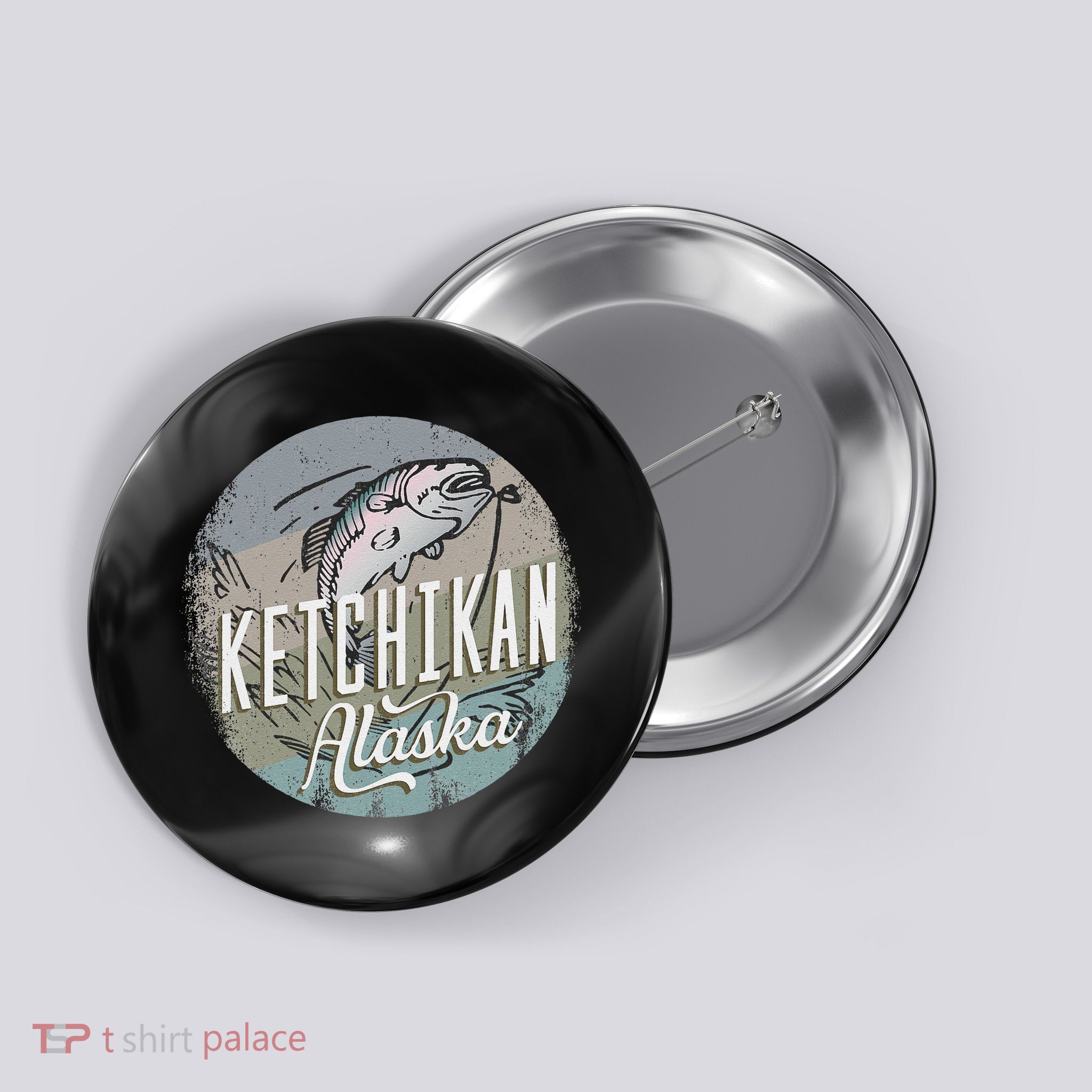 Ketchikan Alaska Souvenir Fishing Gift Vintage Style Salmon Button