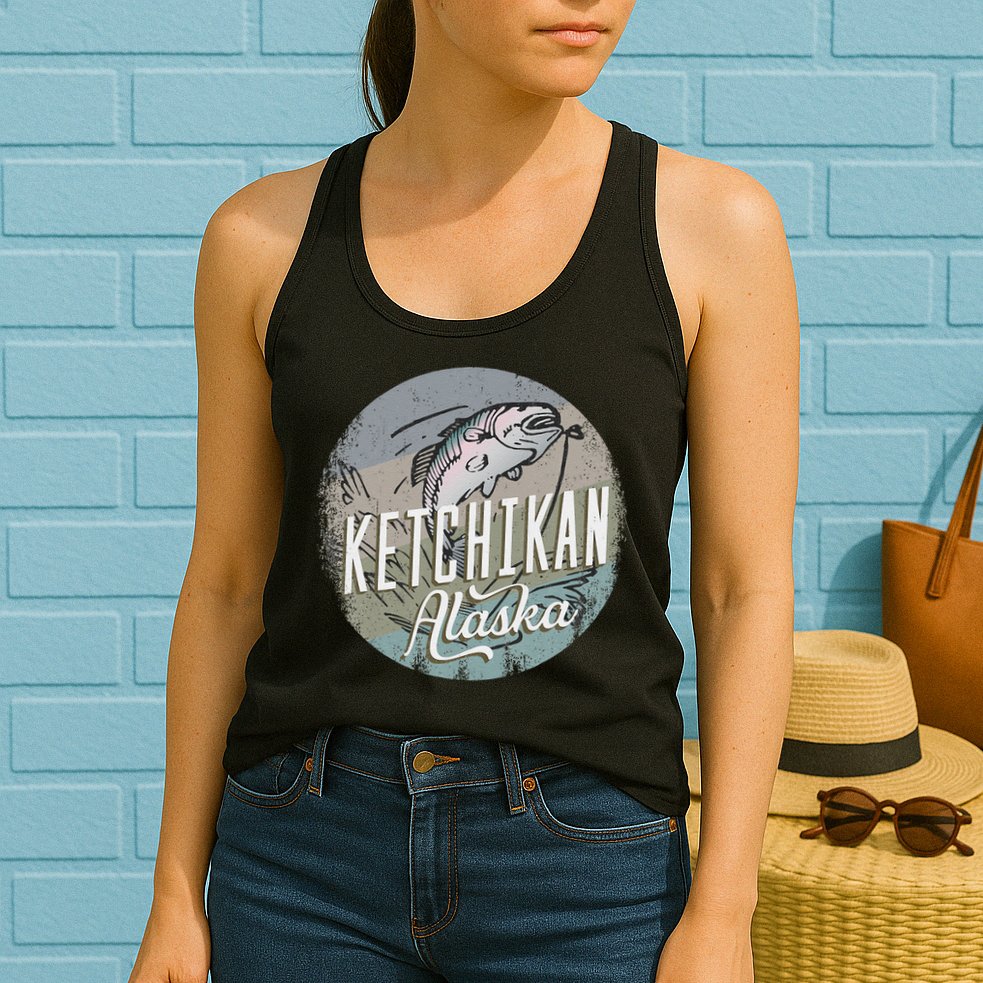 Ketchikan Alaska Souvenir Fishing Gift Vintage Style Salmon Womens Tank Top