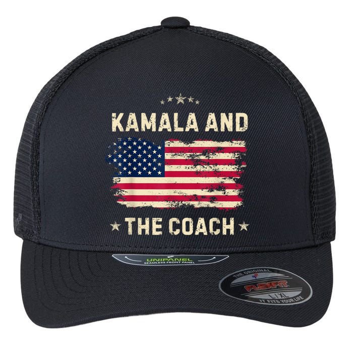 Kamala And The Coach 2024 Harris Walz Waltz Usa Flag Flexfit Unipanel Trucker Cap