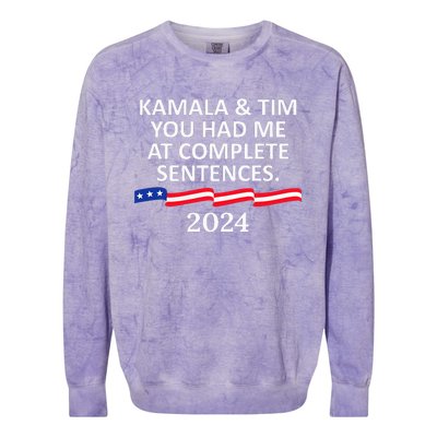 Kamala And Tim You Had Me At Complete Sentences Colorblast Crewneck Sweatshirt