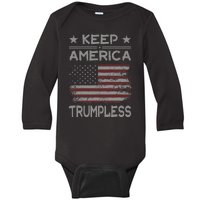 Keep America Trumpless Anti Trump Distressed American Flag Baby Long Sleeve Bodysuit