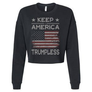 Keep America Trumpless Anti Trump Distressed American Flag Cropped Pullover Crew