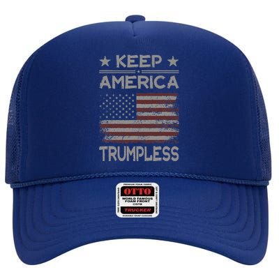 Keep America Trumpless Anti Trump Distressed American Flag High Crown Mesh Back Trucker Hat