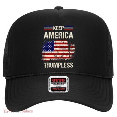 Keep America Trumpless America Flag Retro Patriotic High Crown Mesh Back Trucker Hat