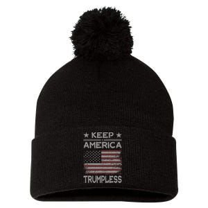 Keep America Trumpless Anti Trump Distressed American Flag Pom Pom 12in Knit Beanie