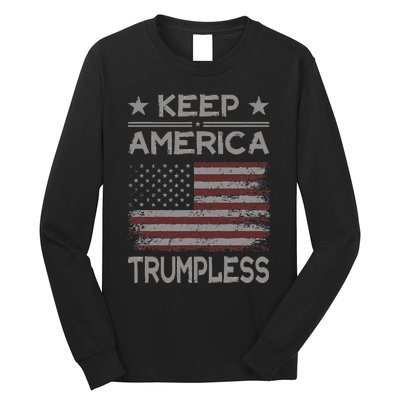 Keep America Trumpless Anti Trump Distressed American Flag Long Sleeve Shirt