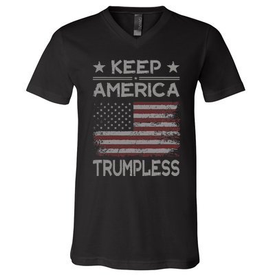 Keep America Trumpless Anti Trump Distressed American Flag V-Neck T-Shirt