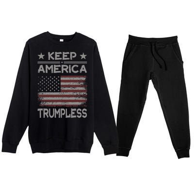 Keep America Trumpless Anti Trump Distressed American Flag Premium Crewneck Sweatsuit Set