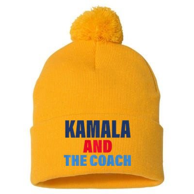 Kamala And The Coach Tim Walz And Kamala Harris Pom Pom 12in Knit Beanie