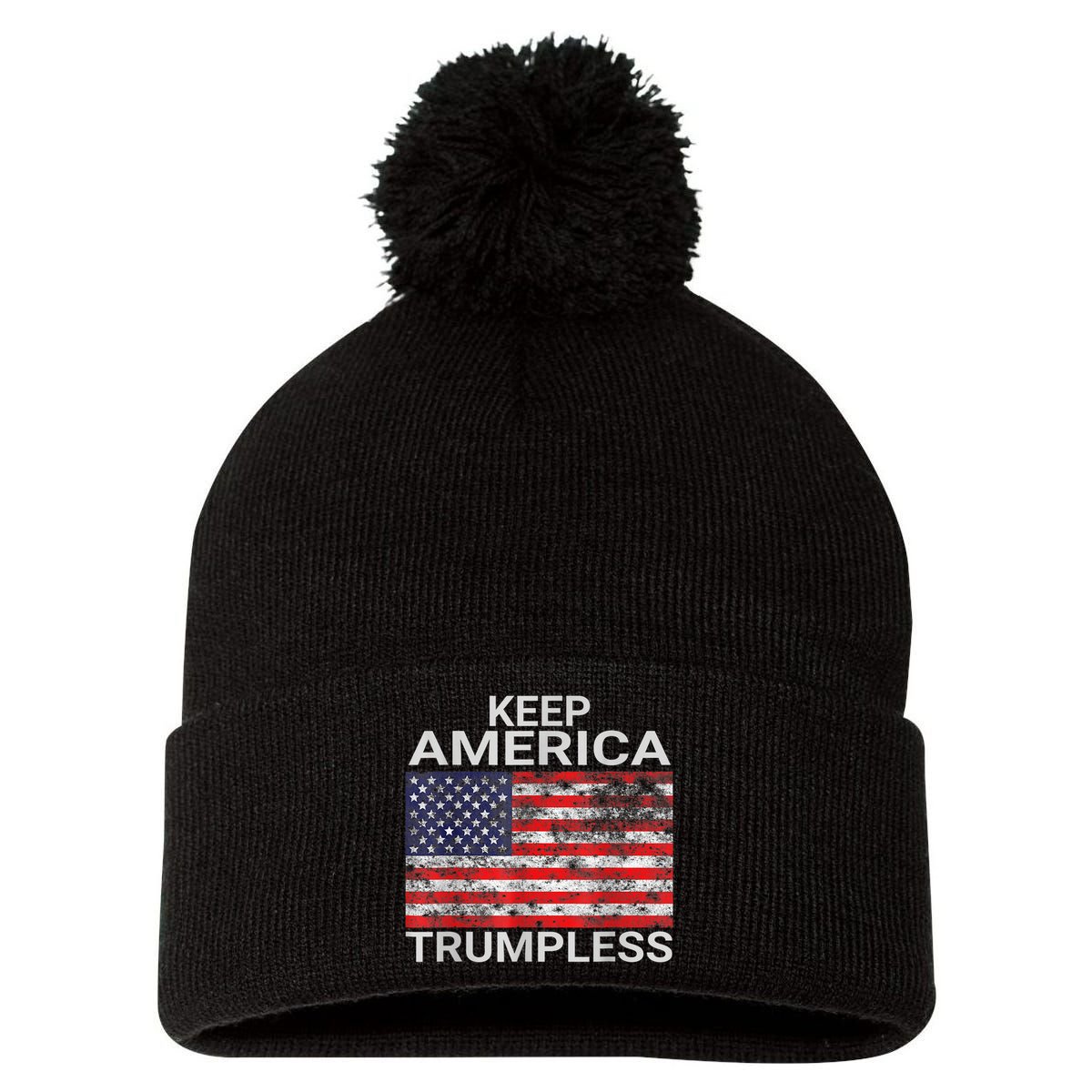 Keep America Trumpless Vintage Distressed American Flag Pom Pom 12in Knit Beanie