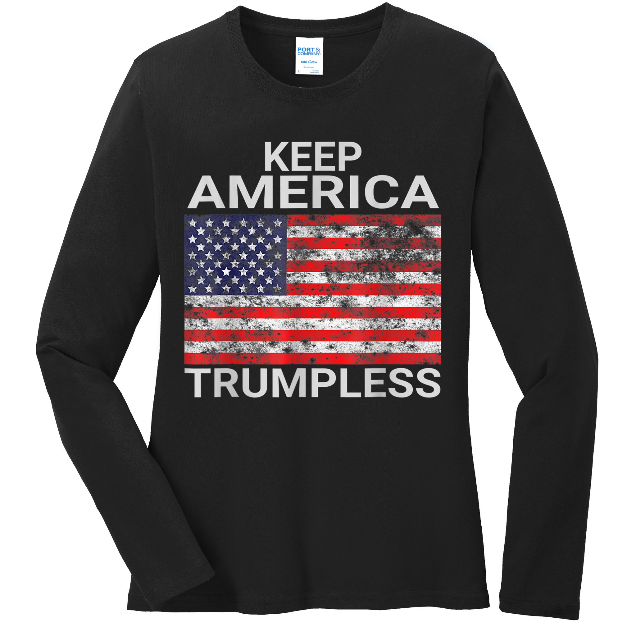 Keep America Trumpless Vintage Distressed American Flag Ladies Long Sleeve Shirt
