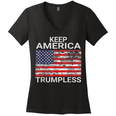 Keep America Trumpless Vintage Distressed American Flag Women's V-Neck T-Shirt