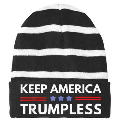 Keep America Trumpless Funny Anti Trump 2024 Pro Democrat Striped Beanie with Solid Band