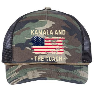 Kamala And The Coach 2024 Harris Walz Waltz Usa Flag Retro Rope Trucker Hat Cap