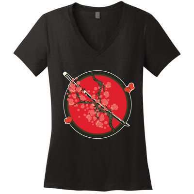 Katana Cherry Blossoms Women's V-Neck T-Shirt