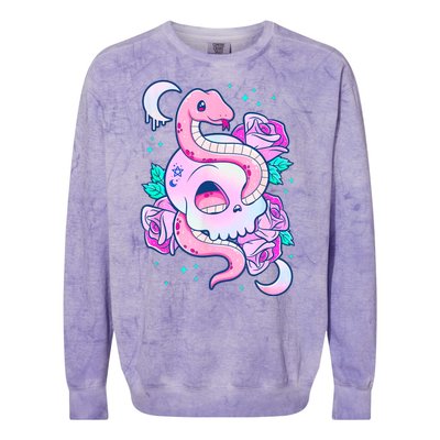 Kawaii Pastel Goth Cute Creepy Skull Serpent Snake Roses Colorblast Crewneck Sweatshirt