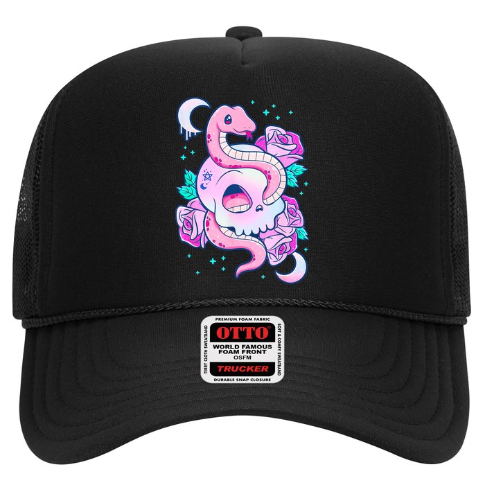 Kawaii Pastel Goth Cute Creepy Skull Serpent Snake Roses Trucker Hat