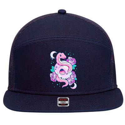 Kawaii Pastel Goth Cute Creepy Skull Serpent Snake Roses 7 Panel Mesh Trucker Snapback Hat