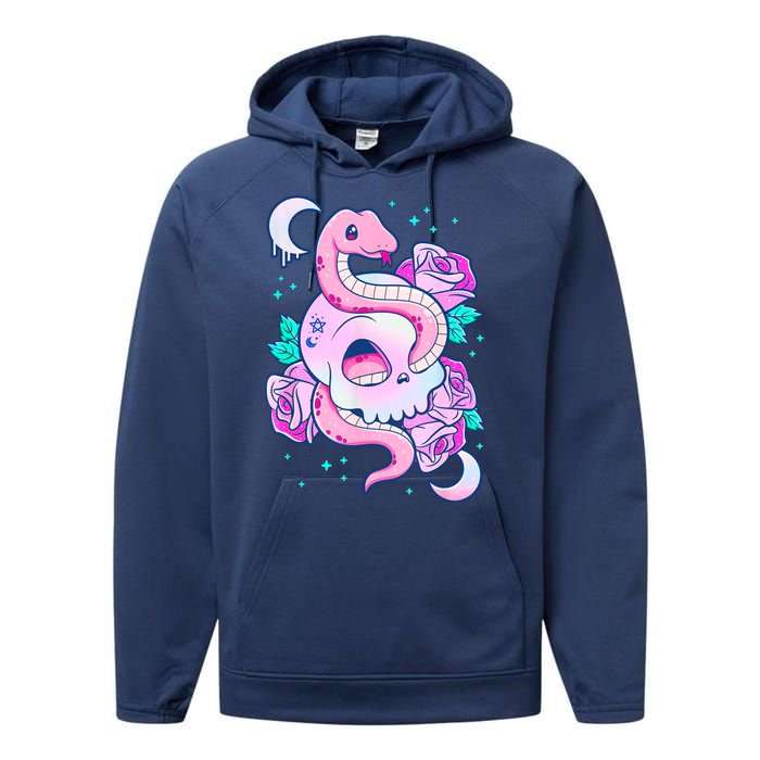 Kawaii Pastel Goth Cute Creepy Skull Serpent Snake Roses Performance Fleece Hoodie