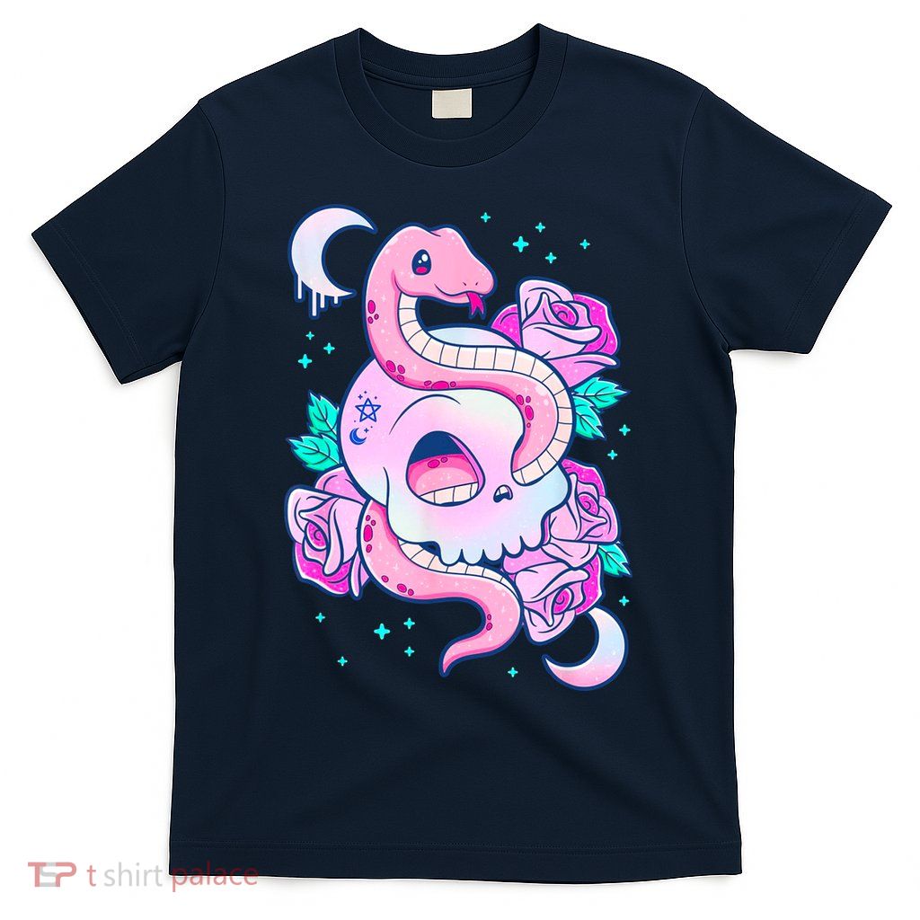 Kawaii Pastel Goth Cute Creepy Skull Serpent Snake Roses T-Shirt