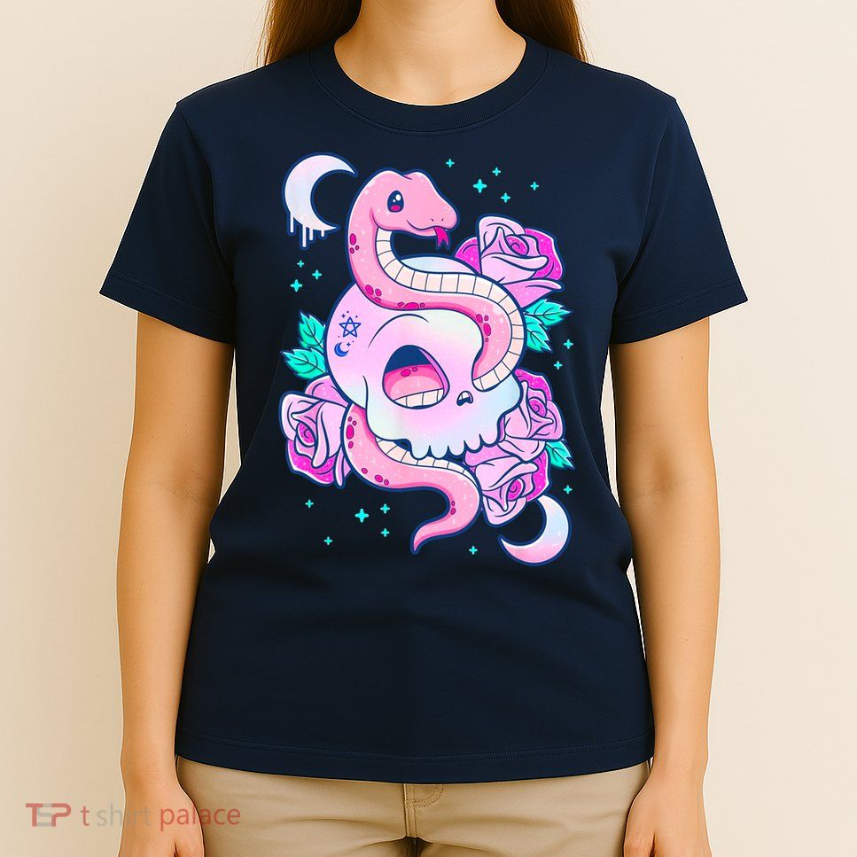 Kawaii Pastel Goth Cute Creepy Skull Serpent Snake Roses T-Shirt