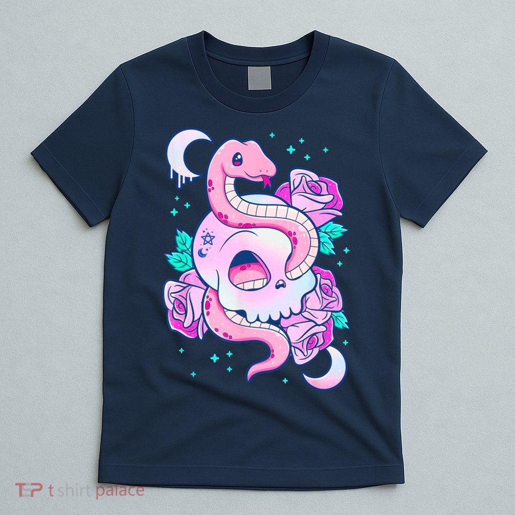 Kawaii Pastel Goth Cute Creepy Skull Serpent Snake Roses T-Shirt