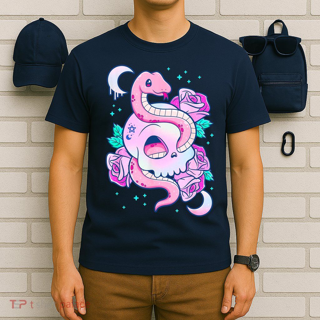 Kawaii Pastel Goth Cute Creepy Skull Serpent Snake Roses T-Shirt