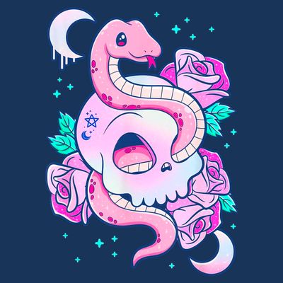 Kawaii Pastel Goth Cute Creepy Skull Serpent Snake Roses T-Shirt