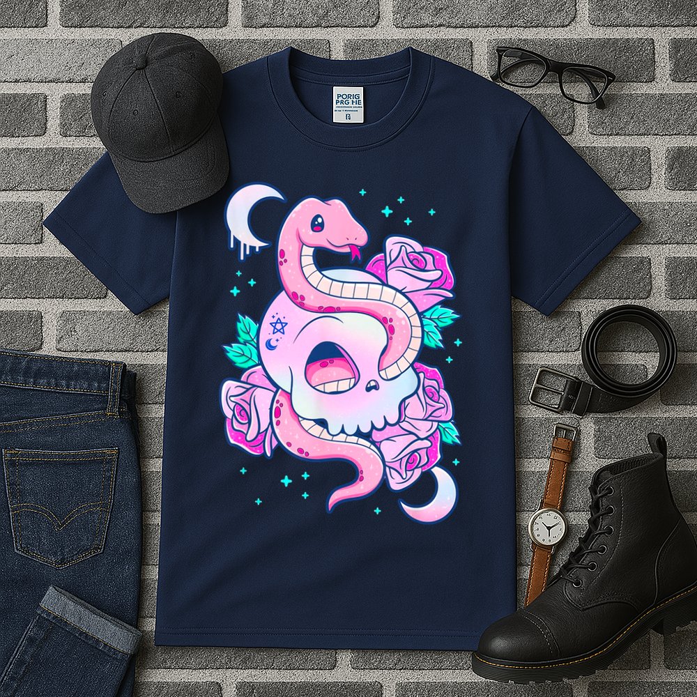 Kawaii Pastel Goth Cute Creepy Skull Serpent Snake Roses Tall T-Shirt