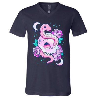 Kawaii Pastel Goth Cute Creepy Skull Serpent Snake Roses V-Neck T-Shirt