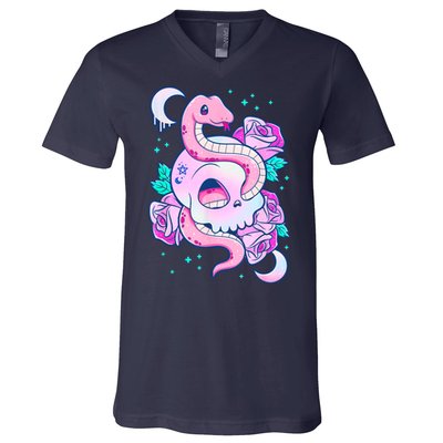 Kawaii Pastel Goth Cute Creepy Skull Serpent Snake Roses V-Neck T-Shirt