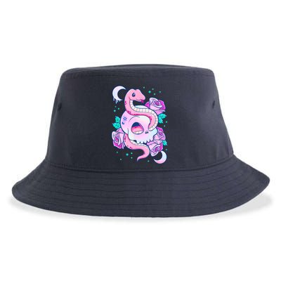 Kawaii Pastel Goth Cute Creepy Skull Serpent Snake Roses Sustainable Bucket Hat