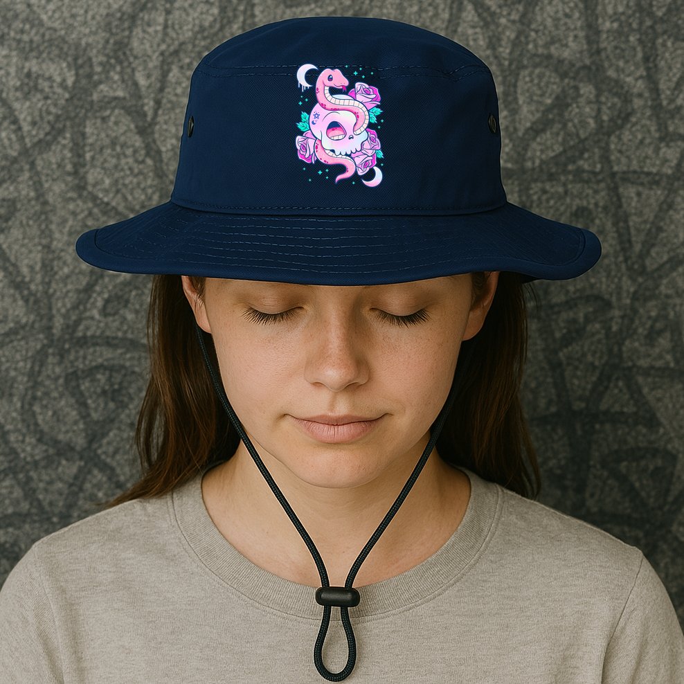 Kawaii Pastel Goth Cute Creepy Skull Serpent Snake Roses Bucket Hat
