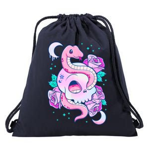 Kawaii Pastel Goth Cute Creepy Skull Serpent Snake Roses Drawstring Bag