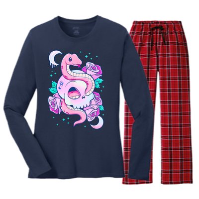 Kawaii Pastel Goth Cute Creepy Skull Serpent Snake Roses Women's Long Sleeve Flannel Pajama Set 