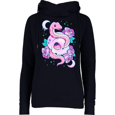 Kawaii Pastel Goth Cute Creepy Skull Serpent Snake Roses Womens Funnel Neck Pullover Hood