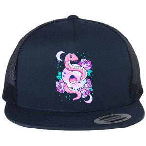 Kawaii Pastel Goth Cute Creepy Skull Serpent Snake Roses Flat Bill Trucker Hat