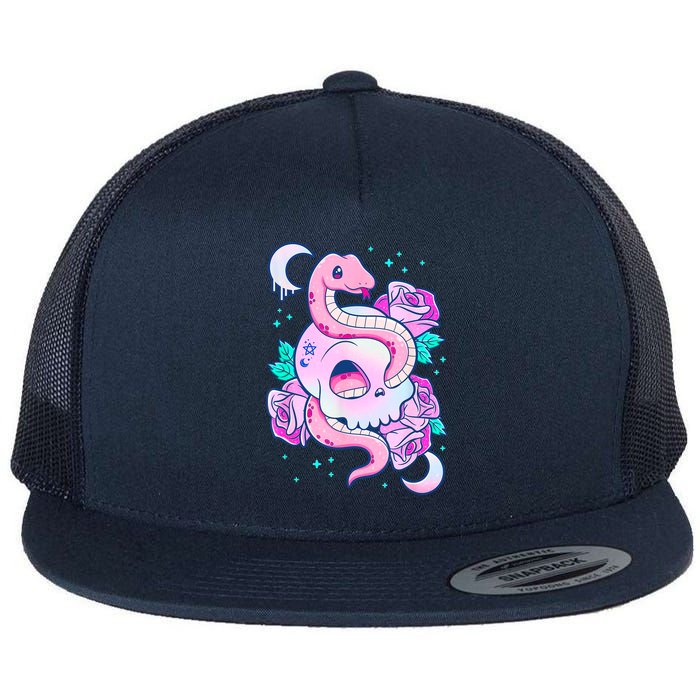 Kawaii Pastel Goth Cute Creepy Skull Serpent Snake Roses Flatbill Hat