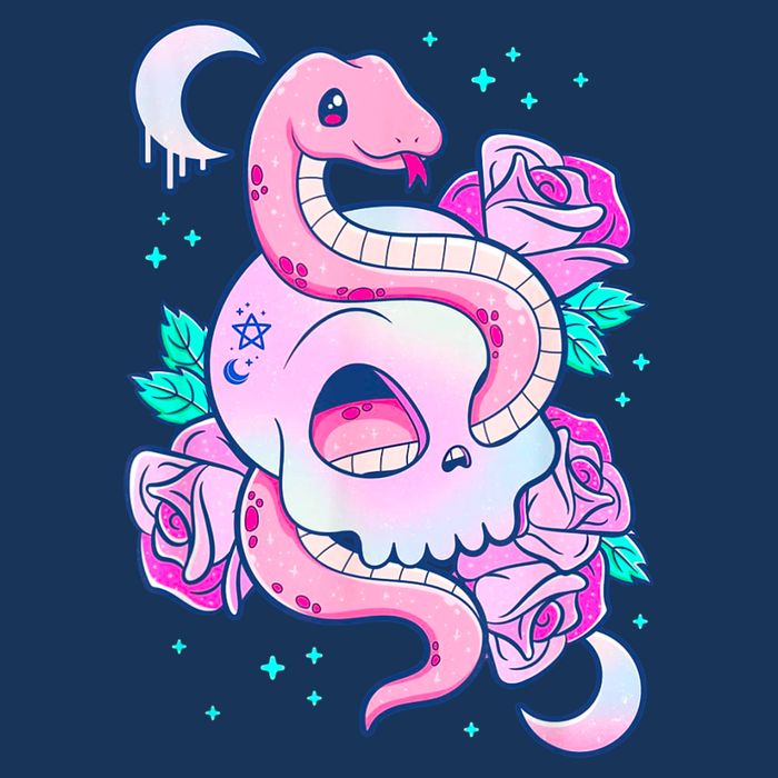 Kawaii Pastel Goth Cute Creepy Skull Serpent Snake Roses Flatbill Hat