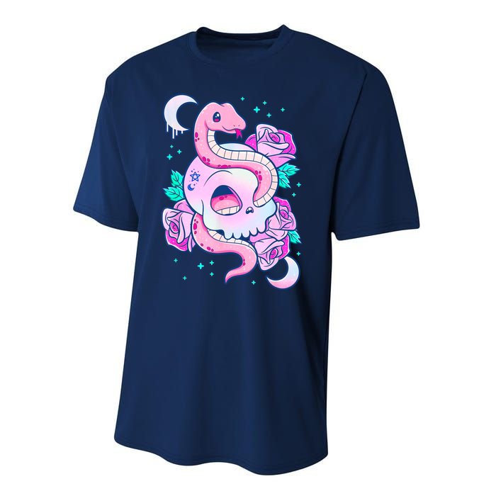 Kawaii Pastel Goth Cute Creepy Skull Serpent Snake Roses Performance Sprint T-Shirt