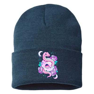 Kawaii Pastel Goth Cute Creepy Skull Serpent Snake Roses Sustainable Knit Beanie