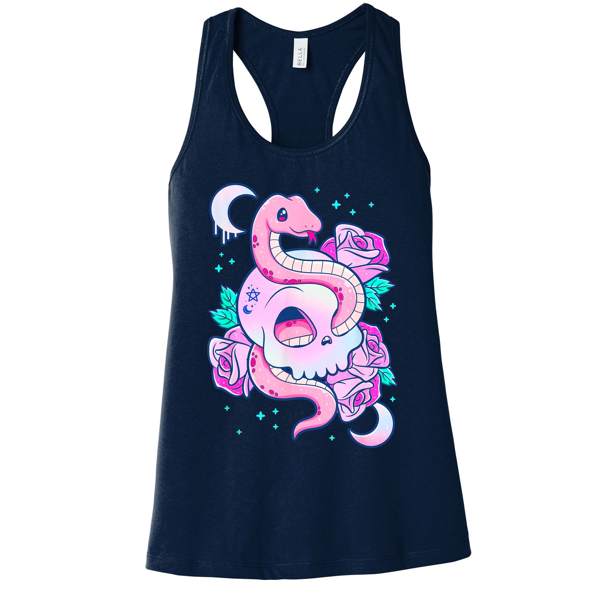 Kawaii Pastel Goth Cute Creepy Skull Serpent Snake Roses Womens Tank Top