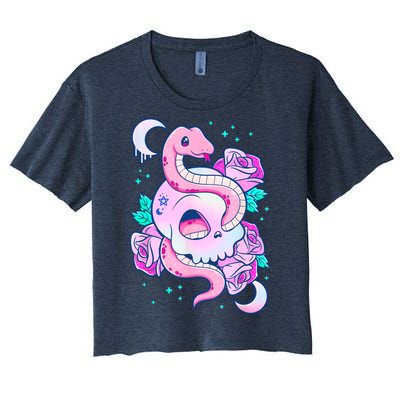 Kawaii Pastel Goth Cute Creepy Skull Serpent Snake Roses Women's Crop Top Tee