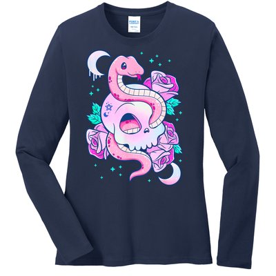 Kawaii Pastel Goth Cute Creepy Skull Serpent Snake Roses Ladies Long Sleeve Shirt