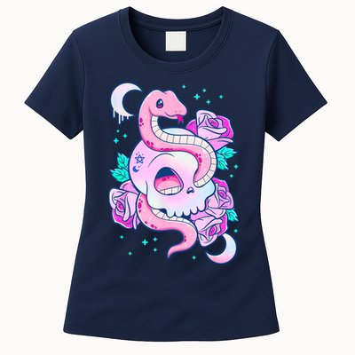 Kawaii Pastel Goth Cute Creepy Skull Serpent Snake Roses Womens T-Shirt