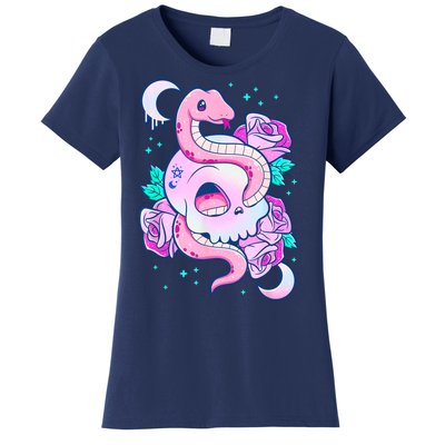 Kawaii Pastel Goth Cute Creepy Skull Serpent Snake Roses Women's T-Shirt